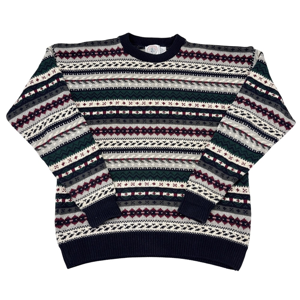 Vintage Cape Isle Knitters Sweater Mens Large Striped Retro Crew‎ Neck Fisherman